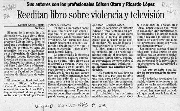 Reeditan libro sobre violencia y televisión  [artículo] Miguel Angel Fredes.