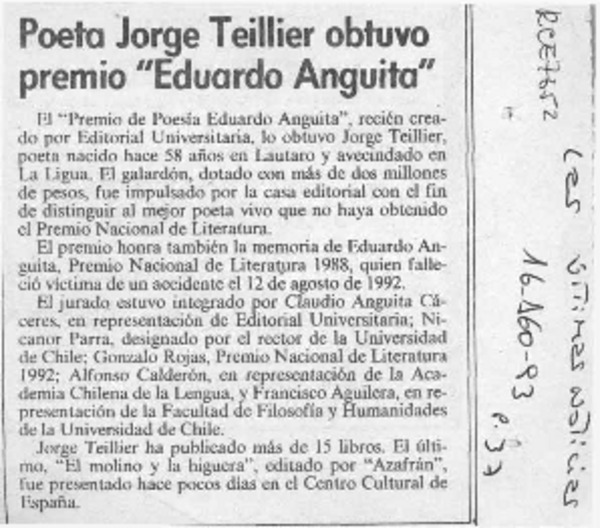 Poeta Jorge Teillier obtuvo premio "Eduardo Anguita"  [artículo].