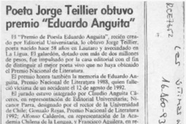 Poeta Jorge Teillier obtuvo premio "Eduardo Anguita"  [artículo].