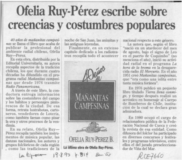 Ofelia Ruy-Pérez escribe sobre creencias y costumbres populares  [artículo].