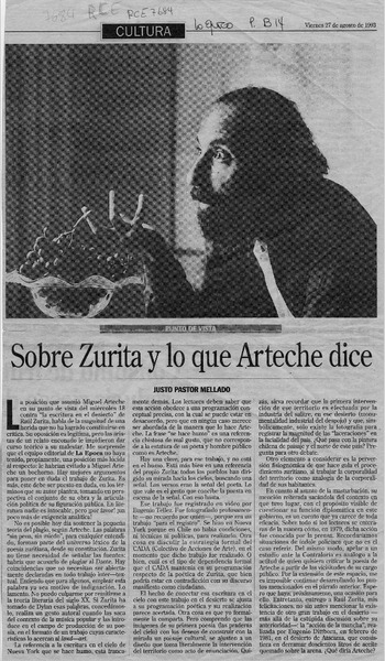 Sobre Zurita y lo que Arteche dice  [artículo] Justo Pastor Mellado.