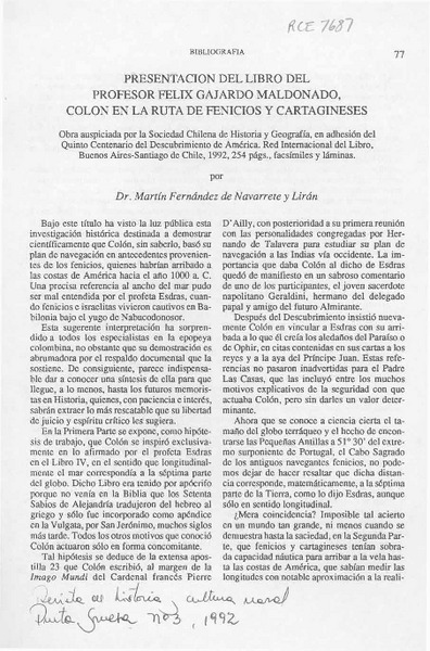 Presentación del libro del profesor Félix Gajardo Maldonado, Colón en la ruta de fenicios y cartagineses  [artículo] Martín Fernández de Navarrete y Lirán.