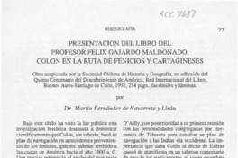 Presentación del libro del profesor Félix Gajardo Maldonado, Colón en la ruta de fenicios y cartagineses  [artículo] Martín Fernández de Navarrete y Lirán.