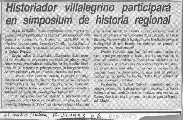 Historiador villalegrino participará en simposium de historia regional  [artículo].
