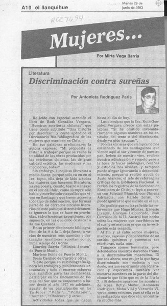 Discriminación contra sureñas  [artículo] Antonieta Rodríguez París.