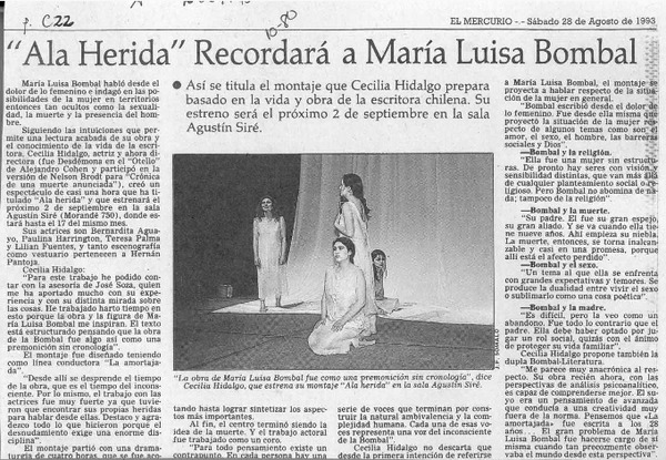 "Ala herida" recordará a María Luisa Bombal  [artículo].