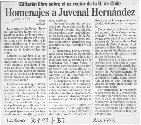 Homenajes a Juvenal Hernández  [artículo].