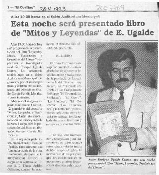 Esta noche será presentado libro de "Mitos y Leyendas" de E. Ugalde  [artículo].