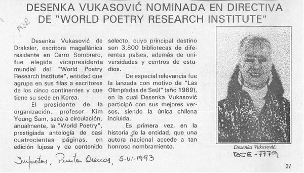Desenka Vukasovic nominada en directiva de "World Poetry Research Institute"  [artículo].