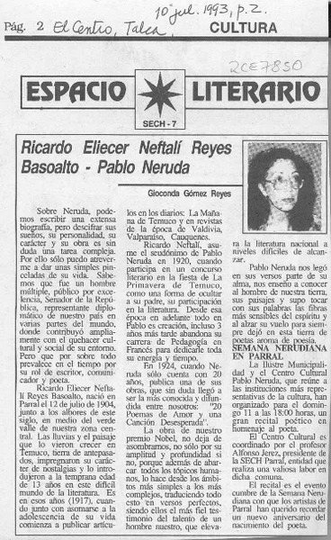 Ricardo Eliecer Neftalí Reyes Basoalto - Pablo Neruda  [artículo] Gioconda Gómez Reyes.