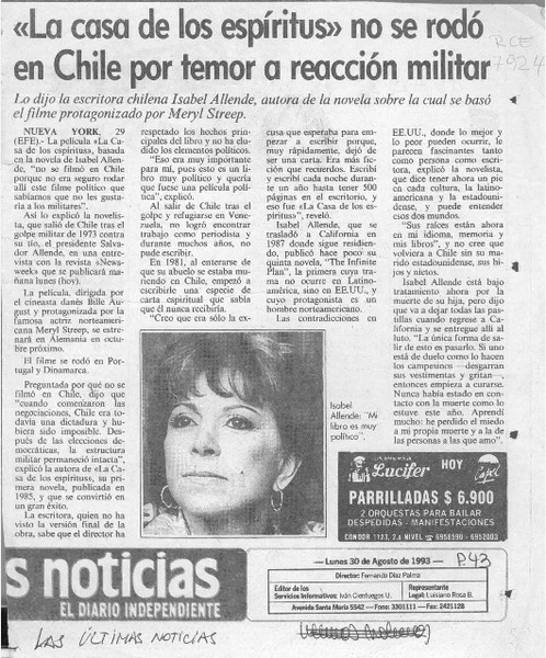 "La Casa de los espíritus" no se rodó en Chile por temor a reacción militar  [artículo].