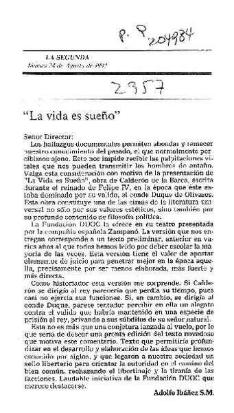"La vida es sueño"  [artículo] Adolfo Ibánez S. M.