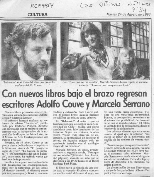 Con nuevos libros bajo el brazo regresan escritores Adolfo Couve y Marcela Serrano  [artículo].