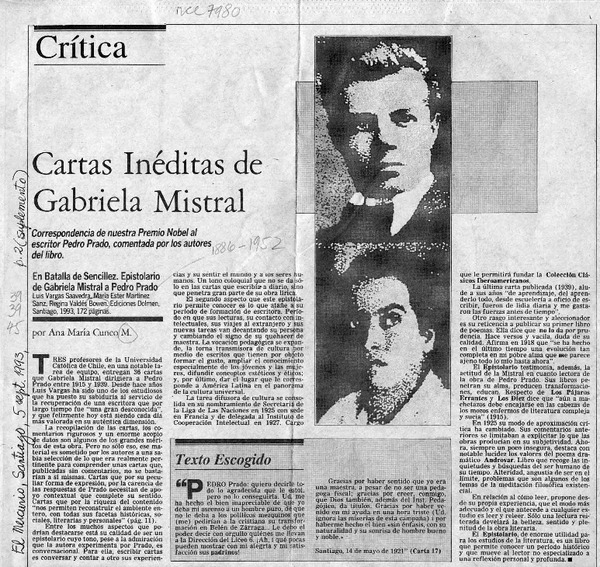 Cartas inéditas de Gabriela Mistral  [artículo] Ana María Cuneo M.