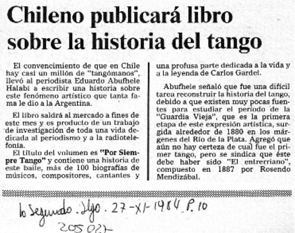 Chileno publicará libro sobre la historia del tango  [artículo].