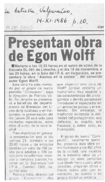 Presentan obra de Egon Wolff  [artículo].