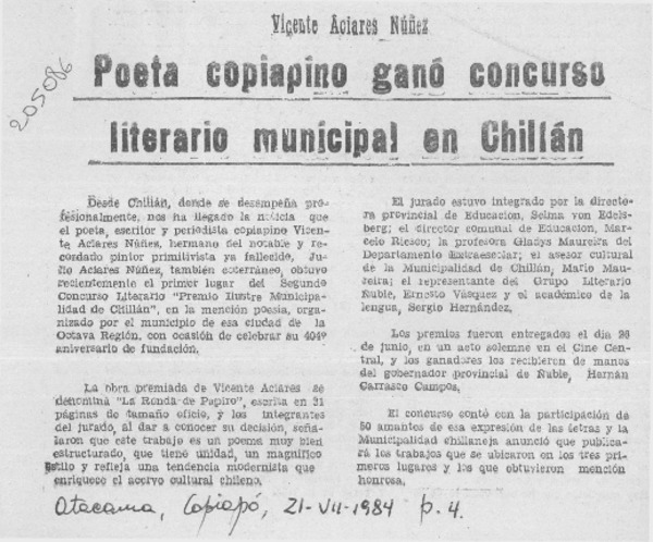 Poeta copiapino ganó concurso literario municipal en Chillán  [artículo].