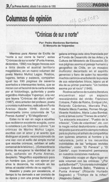 "Crónicas de sur a norte"  [artículo] Pedro Mardones Barrientos.
