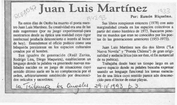 Juan Luis Martínez  [artículo] Ramón Riquelme.