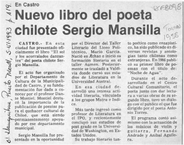 Nuevo libro del poeta chilote Sergio Mansilla  [artículo].