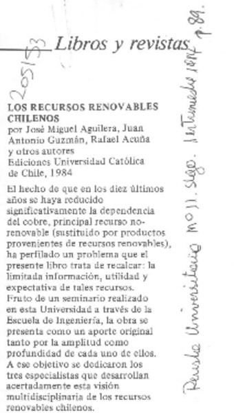 Los Recursos renovables chilenos  [artículo].