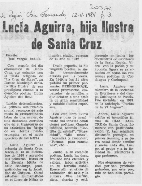 Lucía Aguirre, hija ilustre de Santa Cruz  [artículo] José Vargas Badilla.