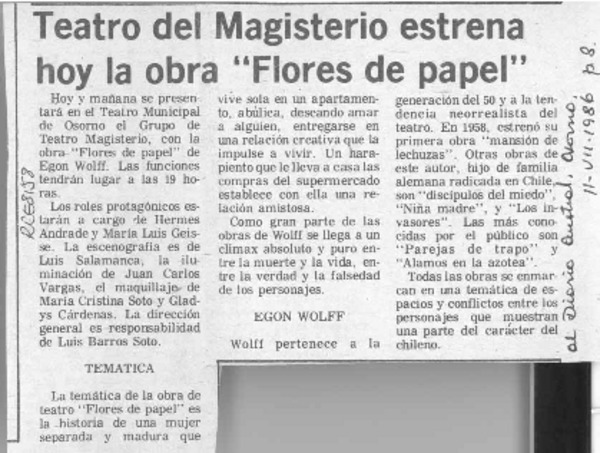 Teatro del magisterio estrena hoy la obra "Flores de papel"  [artículo].