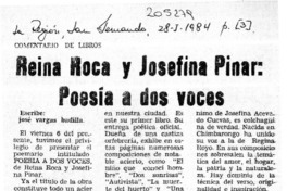 Reina Roca y Josefina Pinar, "Poesía a dos voces"  [artículo] José Vargas Badilla.
