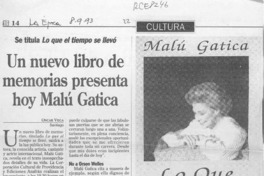 Un nuevo libro de memorias presenta hoy Malú Gatica  [artículo] Oscar Vega.