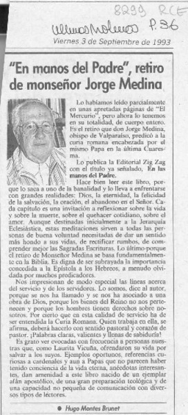 "En manos del Padre", retiro de monseñor Jorge Medina  [artículo] Hugo Montes Brunet.