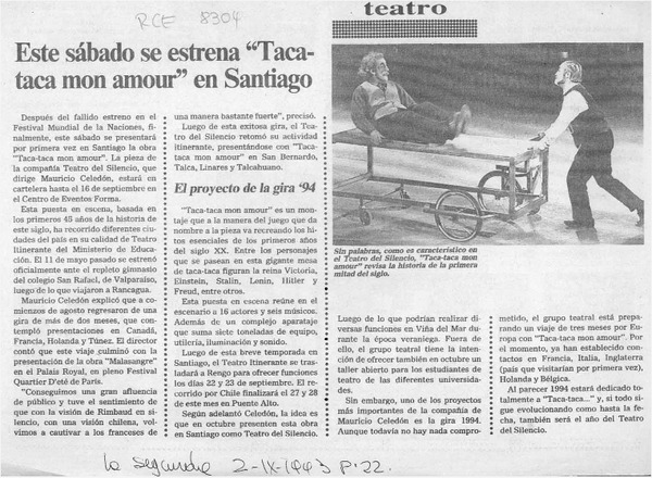 Este sábado se estrena "Taca-taca mon amour" en Santiago"  [artículo].