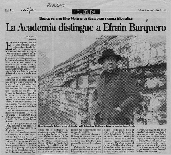 La Academia distingue a Efraín Barquero  [artículo] Oscar Vega.