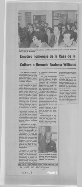 Emotivo homenaje de la casa de la cultura a Hermelo Arabena Williams