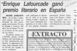 Enrique Lafourcade ganó premio literario en España  [artículo].