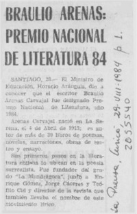 Braulio Arenas; Premio Nacional de Literatura 84