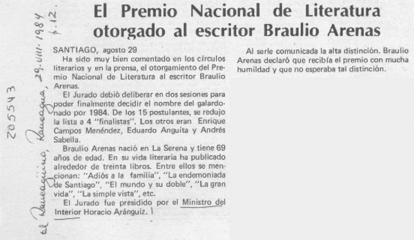 El Premio Nacional de Literatura otorgado al escritor Braulio Arenas