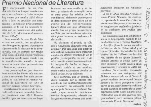 Premio Nacional de Literatura, Braulio Arenas