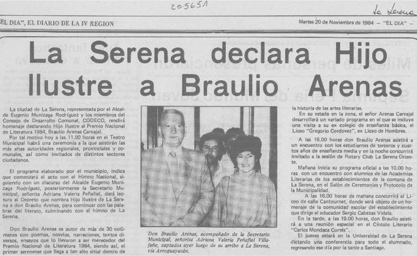 La Serena declara hijo ilustre a Braulio Arenas