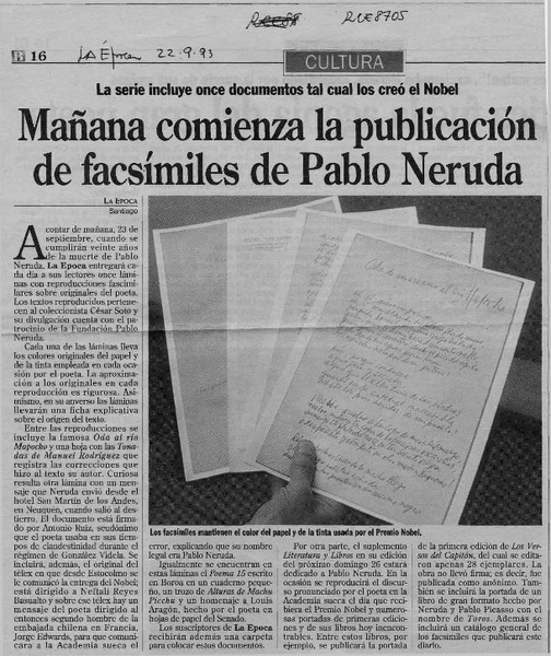Mañana comienza la publicación de facsímiles de Pablo Neruda  [artículo].