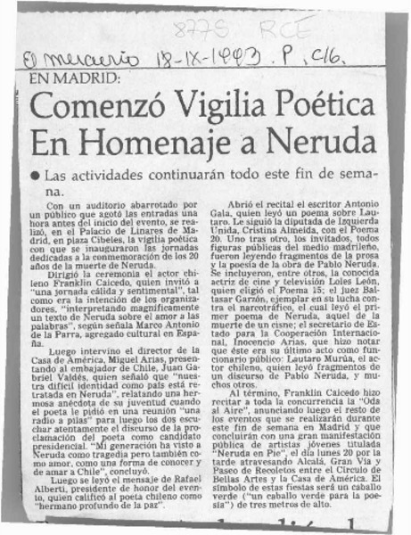 Comenzó vigilia poética en homenaje a Neruda  [artículo].