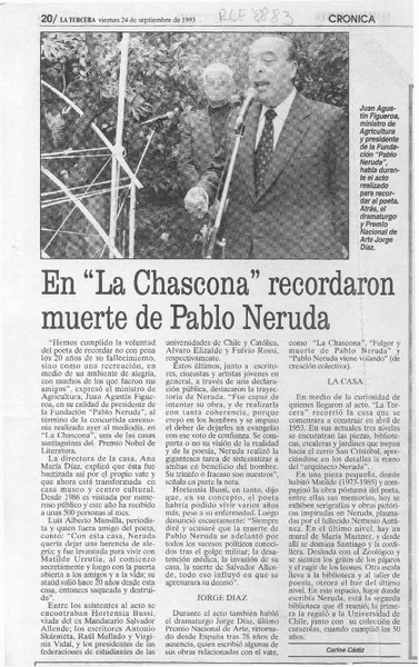 En "La Chascona" recordaron muerte de Pablo Neruda  [artículo] Carlos Cádiz.