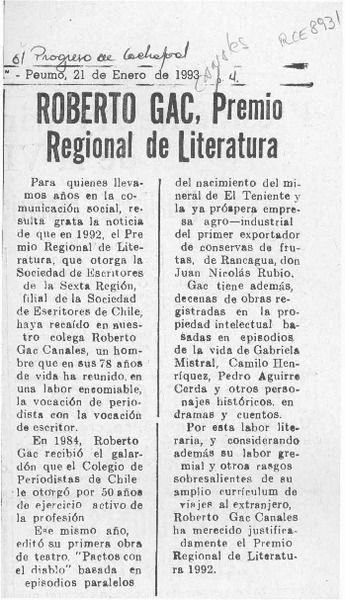 Roberto Gac, Premio Regional de Literatura  [artículo].