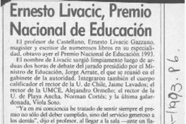 Ernesto Livacic, Premio Nacional de Educación  [artículo].