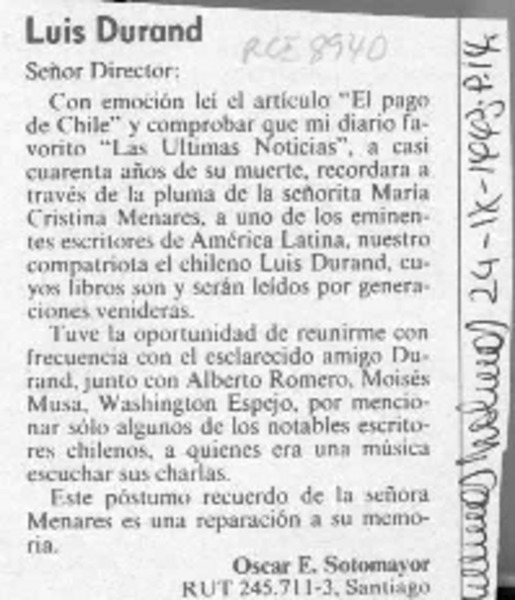 Luis Durand  [artículo] Oscar E. Sotomayor.