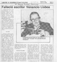 Falleció escritor Venancio Lisboa  [artículo].