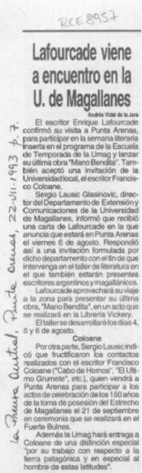Lafourcade viene a encuentro en la U. de Magallanes  [artículo] Andrés Vidal de la Jara.