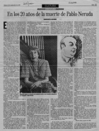 En los 20 años de la muerte de Pablo Neruda  [artículo] Margarita Aguirre.