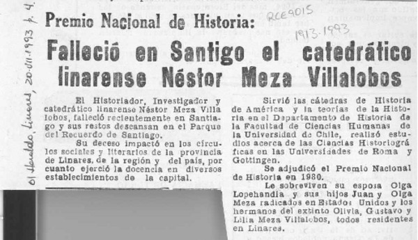 Falleció en Santiago el catedrático linarense Néstor Meza Villalobos  [artículo].