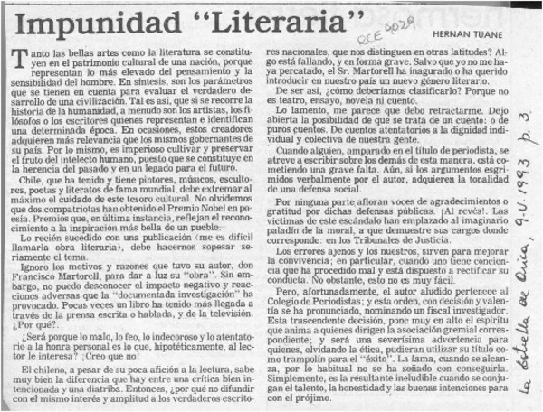 Impunidad "literaria"  [artículo] Hernán Tuane.