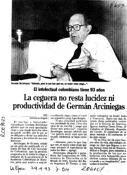 La Ceguera no resta lucidez ni productividad de Germán Arciniegas  [artículo].